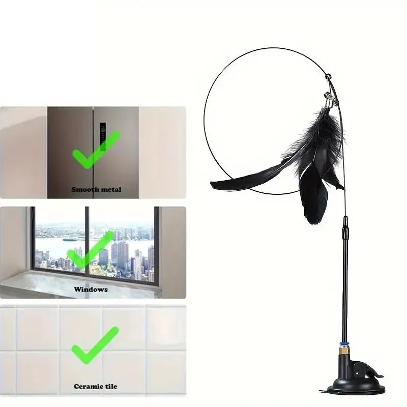 Interactive Cat Teaser Toy – Feather Wand with Bell & Suction Cup